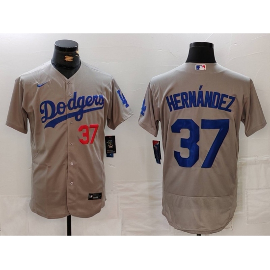 Men's Los Angeles Dodgers #37 Teoscar Hernandez Number Grey Flex Base Stitched Jersey - Ujersey