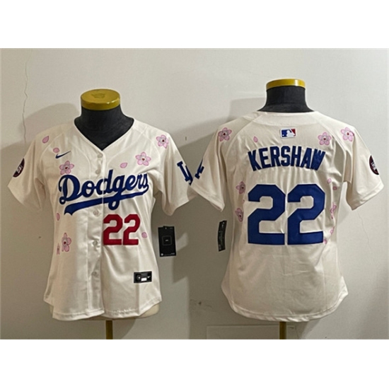 Women's Los Angeles Dodgers #22 Clayton Kershaw Cream 2025 Tokyo Series Limited Stitched Baseball Jersey(Run Small) - Ujersey