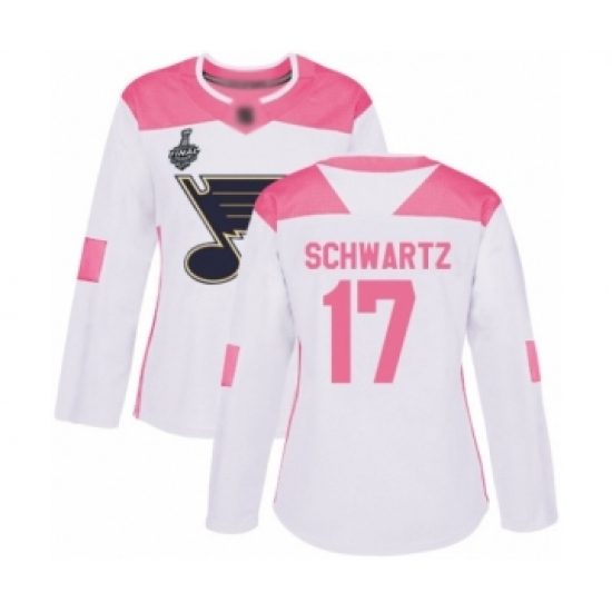 Women's St. Louis Blues #17 Jaden Schwartz Authentic White Pink Fashion 2019 Stanley Cup Final Bound Hockey Jersey