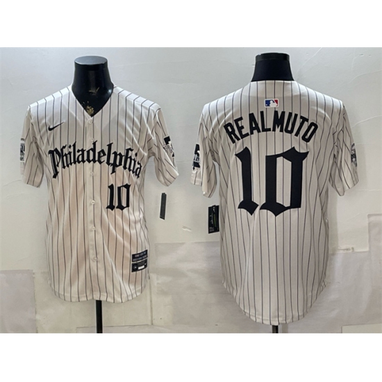 Men's Philadelphia Phillies #10 J.T. Realmuto Cream Pinstripe Gothic Vapor Limited Stitched Jersey - Ujersey