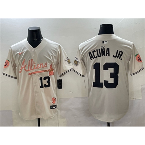 Men's Atlanta Braves #13 Ronald Acuna Jr. Cream 2024 Atliens & Peach With Outkast Vapor Limited Stitched Baseball Jersey - Ujersey
