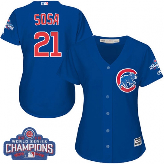 Women's Majestic Chicago Cubs #21 Sammy Sosa Authentic Royal Blue Alternate 2016 World Series Champions Cool Base MLB Jersey - Ujersey
