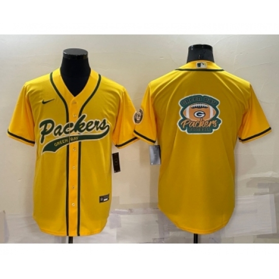 Men's Green Bay Packers Yellow Team Big Logo With Patch Cool Base Stitched Baseball Jersey - Ujersey