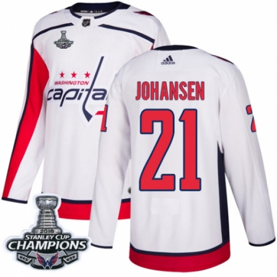 Men's Adidas Washington Capitals #21 Lucas Johansen Authentic White Away 2018 Stanley Cup Final Champions NHL Jersey - Ujersey