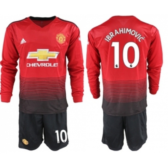 Manchester United #10 Ibrahimovic Red Home Long Sleeves Soccer Club Jersey