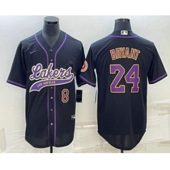 Men's Los Angeles Lakers #8 #24 Kobe Bryant Number Black With Cool Base Stitched Baseball Jersey - Ujersey