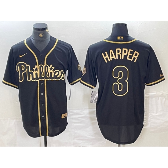 Men's Philadelphia Phillies #3 Bryce Harper Black Gold Cool Base Stitched Baseball Jersey - Ujersey