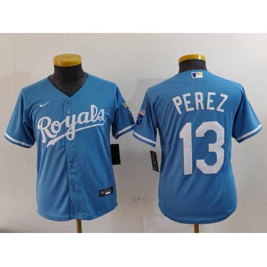 Youth Kansas City Royals #13 Salvador Perez Light Blue Cool Base Stitched Jersey - Ujersey