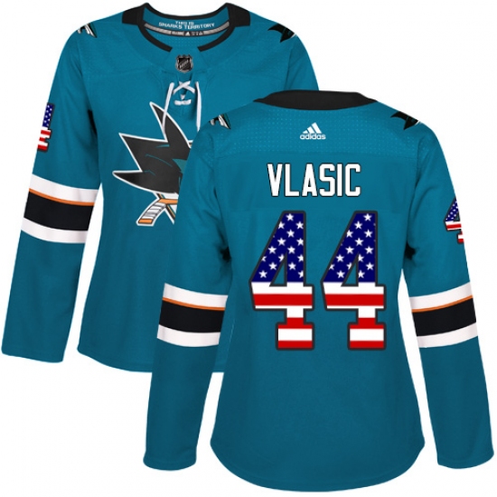 Women's Adidas San Jose Sharks #44 Marc-Edouard Vlasic Authentic Teal Green USA Flag Fashion NHL Jersey - Ujersey