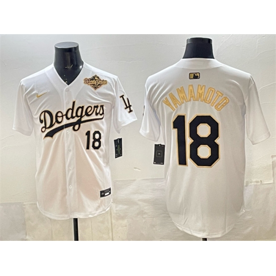 Men's Los Angeles Dodgers #18 Yoshinobu Yamamoto White Gold 2025 World Series Limited Stitched Baseball Jersey - Ujersey