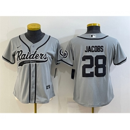 Women's Las Vegas Raiders #28 Josh Jacobs Gray With Patch Cool Base Stitched Baseball Jersey(Run Small) - Ujersey