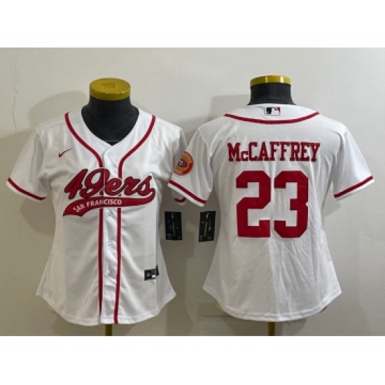 Women's San Francisco 49ers #23 Christian McCaffrey White With Patch Cool Base Stitched Baseball Jersey - Ujersey