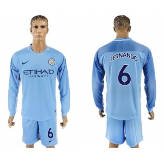 Manchester City #6 Fernando Home Long Sleeves Soccer Club Jersey