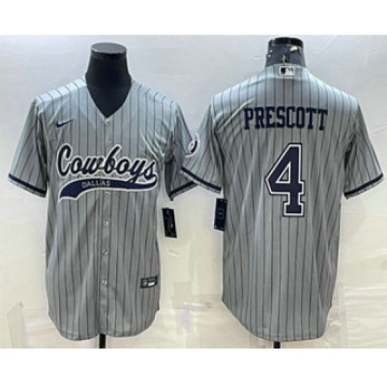 Men's Dallas Cowboys #4 Dak Prescott Grey Pinstripe With Patch Cool Base Stitched Baseball Jersey - Ujersey