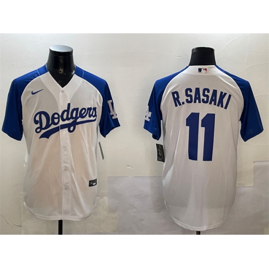 Men's Los Angeles Dodgers #11 Roki Sasaki White Blue Cool Base Stitched Baseball Jersey - Ujersey