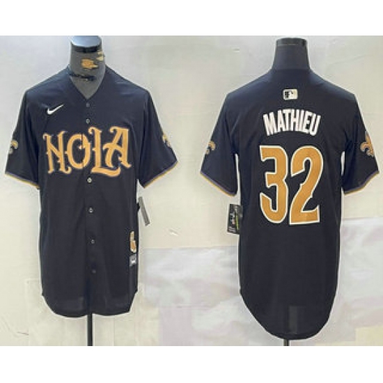 Men's New Orleans Saints #32 Tyrann Mathieu Black Nola Baseball Jersey - Ujersey