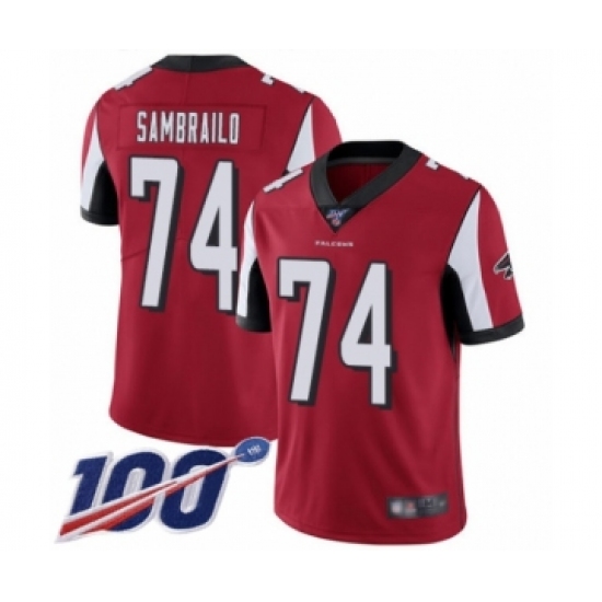 Men's Atlanta Falcons #74 Ty Sambrailo Red Team Color Vapor Untouchable Limited Player 100th Season Football Jersey - Ujersey
