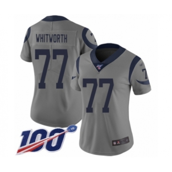 Women's Los Angeles Rams #77 Andrew Whitworth Limited Gray Inverted Legend 100th Season Football Jersey - Ujersey