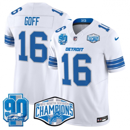Men's Detroit Lions #16 Jared Goff White 2024 NFC North Champions 90th Anniversary F.U.S.E. Vapor Limited Stitched Jersey - Ujersey