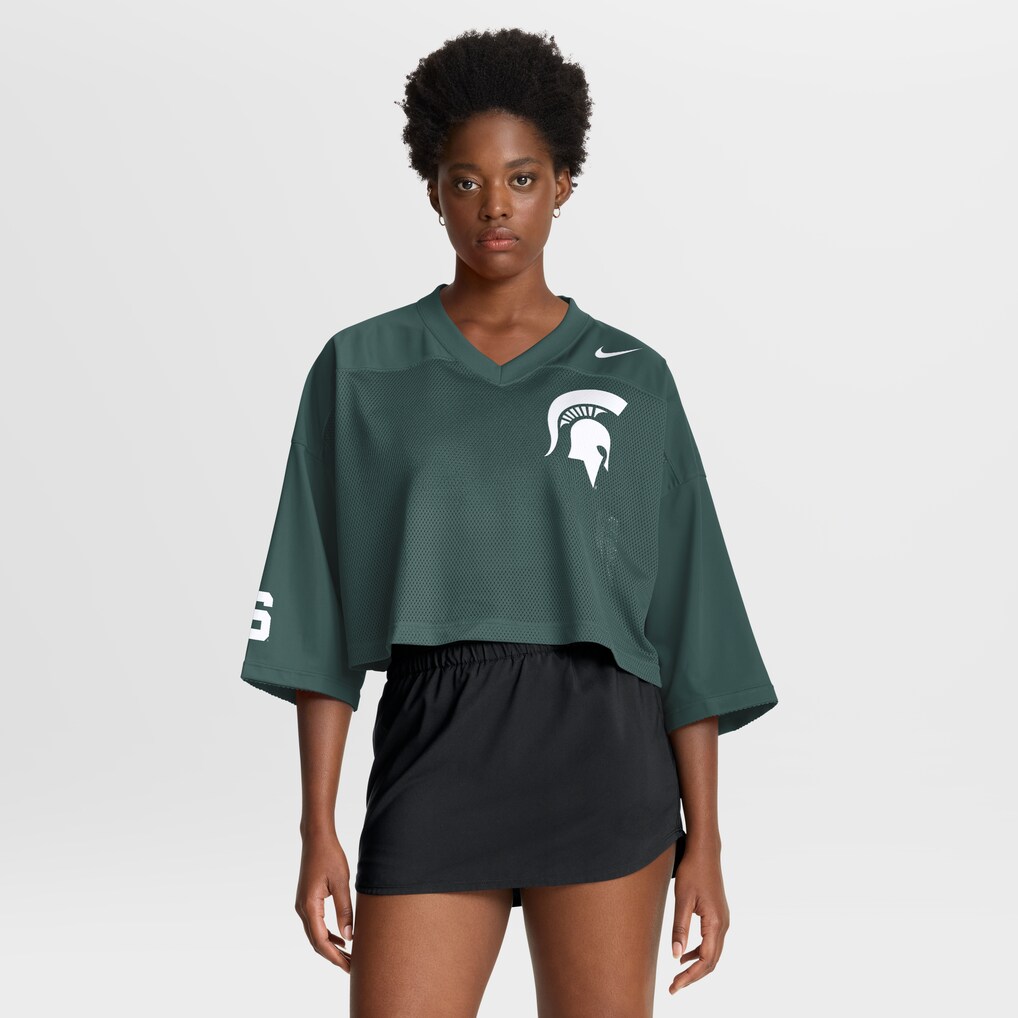 Women's Nike Green Michigan State Spartans Cropped Mesh Dri-FIT Fashion Jersey - ujerseystore