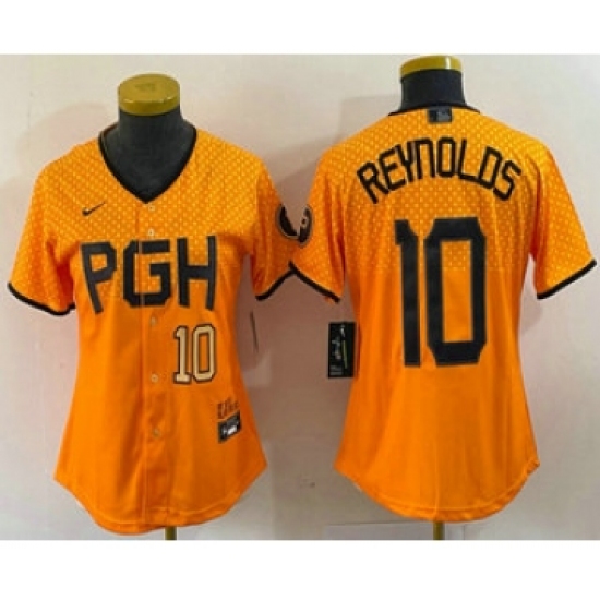 Women's Pittsburgh Pirates #10 Bryan Reynolds Number Yellowd 2023 City Connect Stitched Jersey2 - Ujersey