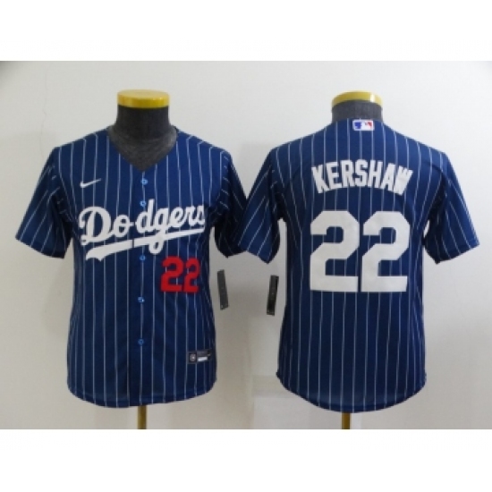 Youth Los Angeles Dodgers #22 Clayton Kershaw Navy Blue Pinstripe Stitched MLB Cool Base Nike Jersey - Ujersey