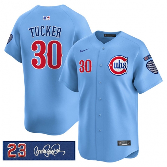 Men's Chicago Cubs #30 Kyle Tucker Blue 'Ryne Sandberg Tribute' Vapor Limited V3 Stitched Baseball Jersey - Ujersey