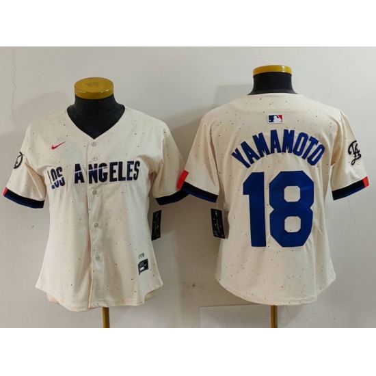 Women's Los Angeles Dodgers #18 Yoshinobu Yamamoto Cream 2024 City Connect Limited Stitched Jersey - Ujersey