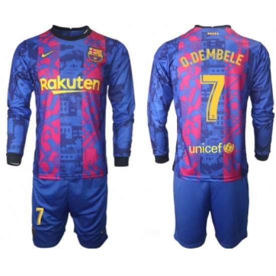 Men 2021-2022 Club Barcelona Second away blue Long Sleeve 7 Soccer Jersey