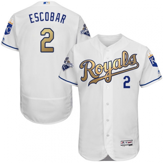 Men's Majestic Kansas City Royals #2 Alcides Escobar Authentic White 2015 World Series Champions Gold Program FlexBase MLB Jersey - Ujersey