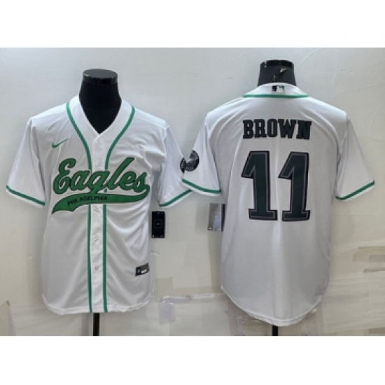 Men's Philadelphia Eagles #11 A. J. Brown White With Patch Cool Base Stitched Baseball Jersey - Ujersey