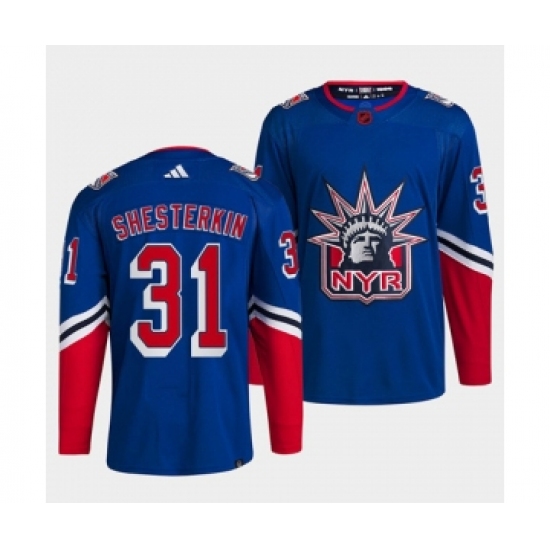 Men's New York Rangers #31 Igor Shesterkin Blue 2022 Reverse Retro Stitched Jersey - Ujersey