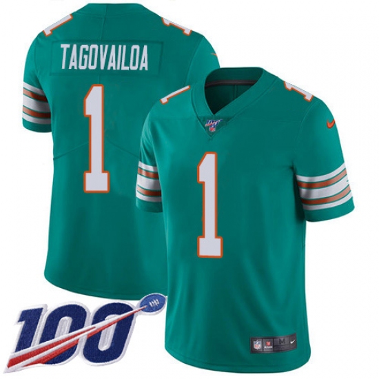 Men's Miami Dolphins #1 Tua Tagovailoa Aqua Green Alternate Stitched 100th Season Vapor Untouchable Limited Jersey - Ujersey