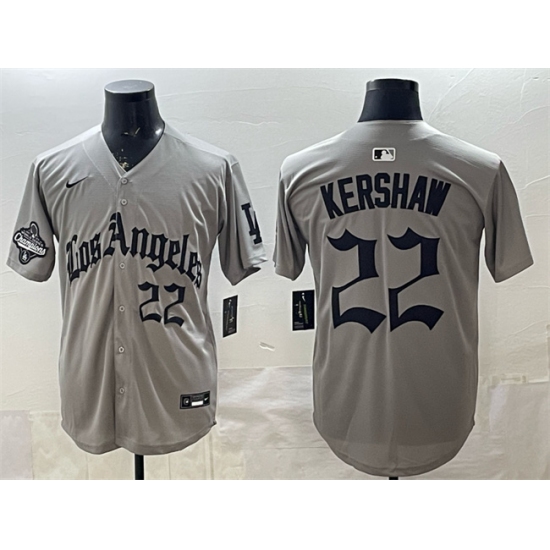 Men's Los Angeles Dodgers #22 Clayton Kershaw Grey LA Gothic Style With 2025 World Series Champions Limited Stitched Baseball Jersey - Ujersey