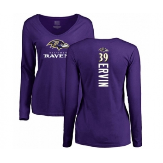 Football Women's Baltimore Ravens #39 Tyler Ervin Purple Backer Long Sleeve T-Shirt - Ujersey