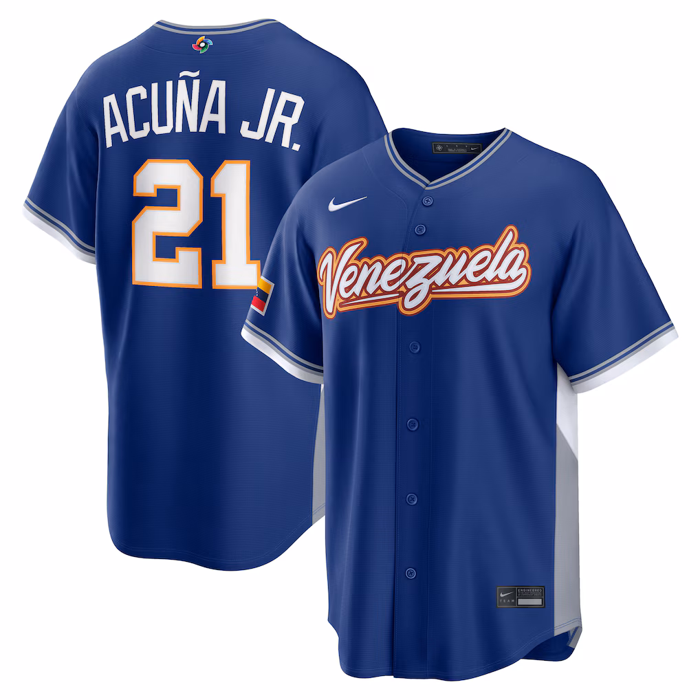 Men's Venezuela Baseball Ronald Acuña Jr. Nike Royal 2026 World Baseball Classic Road Stadium Jersey