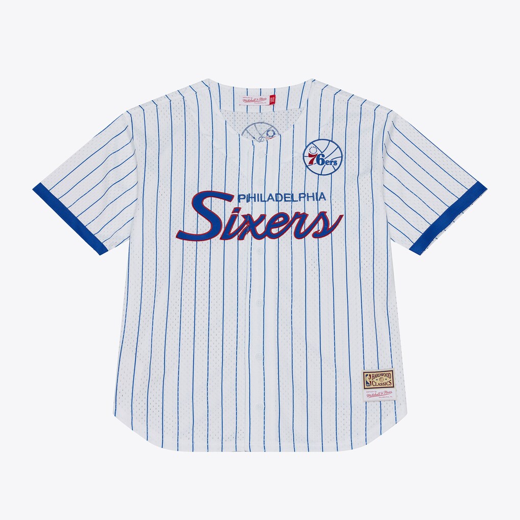 Men's Philadelphia 76ers Mitchell & Ness White Head Coach Pinstripe Mesh Full-Button Baseball Jersey - SUjersey01