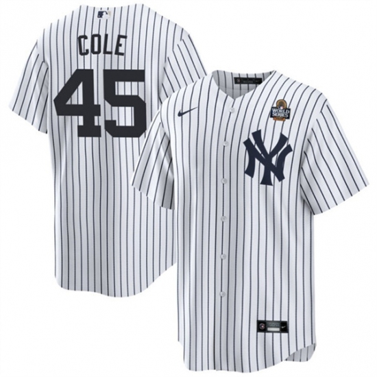 Men's New York Yankees #45 Gerrit Cole White 2024 World Series With Name Cool Base Stitched Baseball Jersey - Ujersey