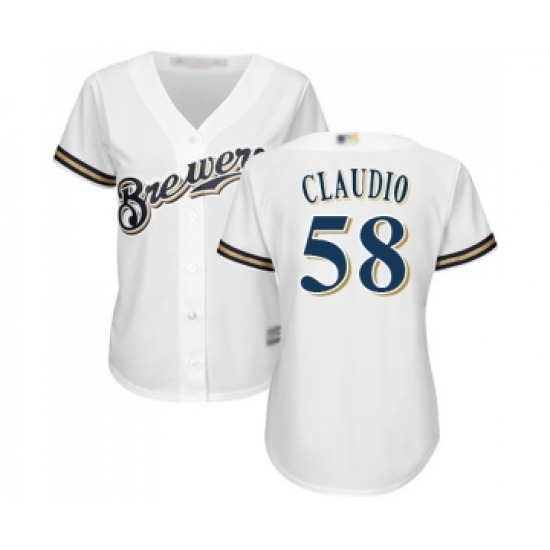 Women's Milwaukee Brewers #58 Alex Claudio Replica White Alternate Cool Base Baseball Jersey