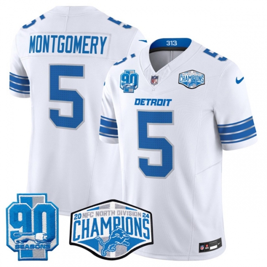Men's Detroit Lions #5 David Montgomery White 2024 NFC North Champions 90th Anniversary F.U.S.E. Vapor Limited Stitched Jersey