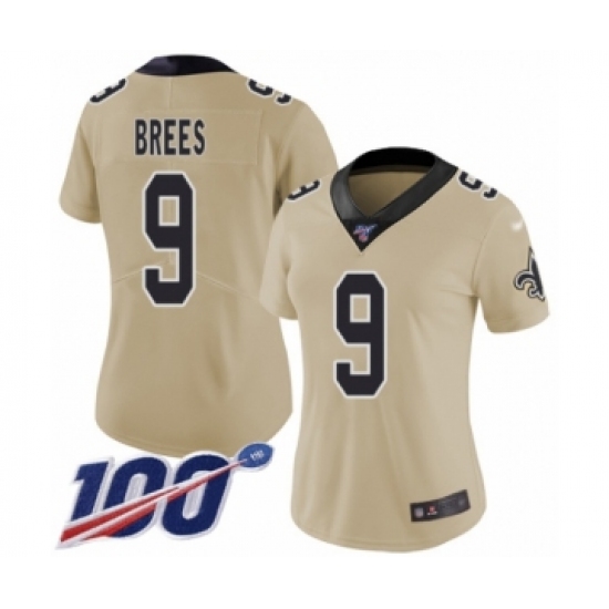 Women's New Orleans Saints #9 Drew Brees Limited Gold Inverted Legend 100th Season Football Jersey - Ujersey