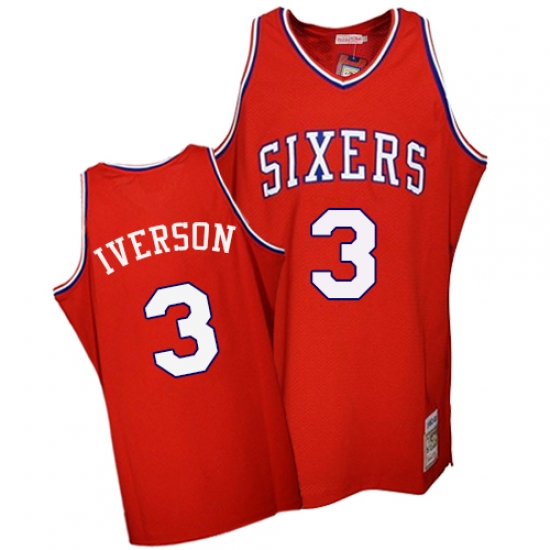 Men's Mitchell and Ness Philadelphia 76ers #3 Allen Iverson Authentic Red Throwback NBA Jersey - Ujersey