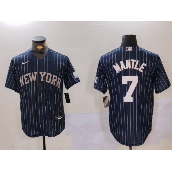 Men's New York Yankees #7 Mickey Mantle Navy Pinstripe Fashion Cool Base Jersey - Ujersey