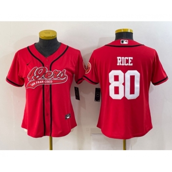 Women's San Francisco 49ers #80 Jerry Rice Red With Patch Cool Base Stitched Baseball Jersey - Ujersey