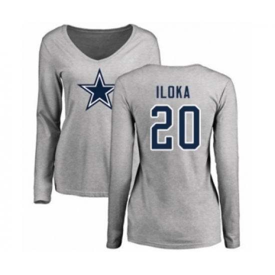 Football Women's Dallas Cowboys #20 George Iloka Ash Name & Number Logo Slim Fit Long Sleeve T-Shirt - Ujersey