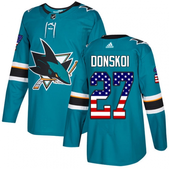 Men's Adidas San Jose Sharks #27 Joonas Donskoi Authentic Teal Green USA Flag Fashion NHL Jersey - Ujersey