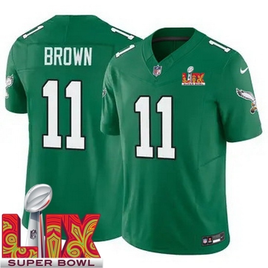 Men's Philadelphia Eagles A.J. Brown #11 Kelly Green 2024 2025 Super Bowl LIX F U S E Stitched NFL Jersey - Ujersey