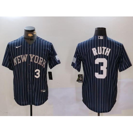 Men's New York Yankees #3 Babe Ruth Navy Pinstripe Fashion Cool Base Jerseys - Ujersey