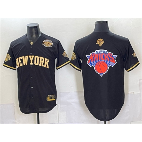 Men's New York Knicks Team Big Logo Black Gold 2026 Finals & Eastern Conference Champions Stitched Baseball Jersey - Ujersey