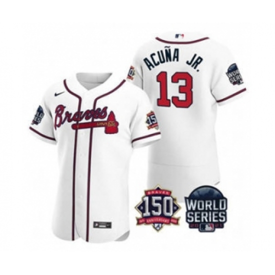 Men's Atlanta Braves #13 Ronald Acuna Jr. 2021 White World Series Flex Base With 150th Anniversary Patch Baseball Jersey - Ujersey